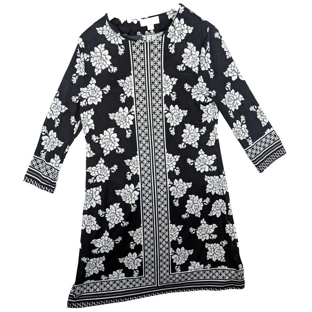 Charlie Paige Shift Dress Floral Black & White Geometric Long Sleeve Sheath M